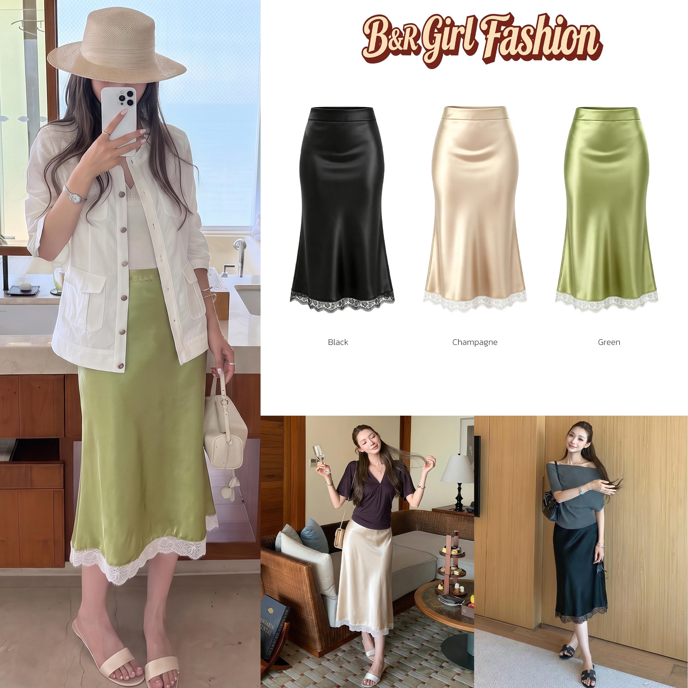 กระโปรงซาตินมิดิ ขอบลูกไม้ — B&R Girl Fashion
